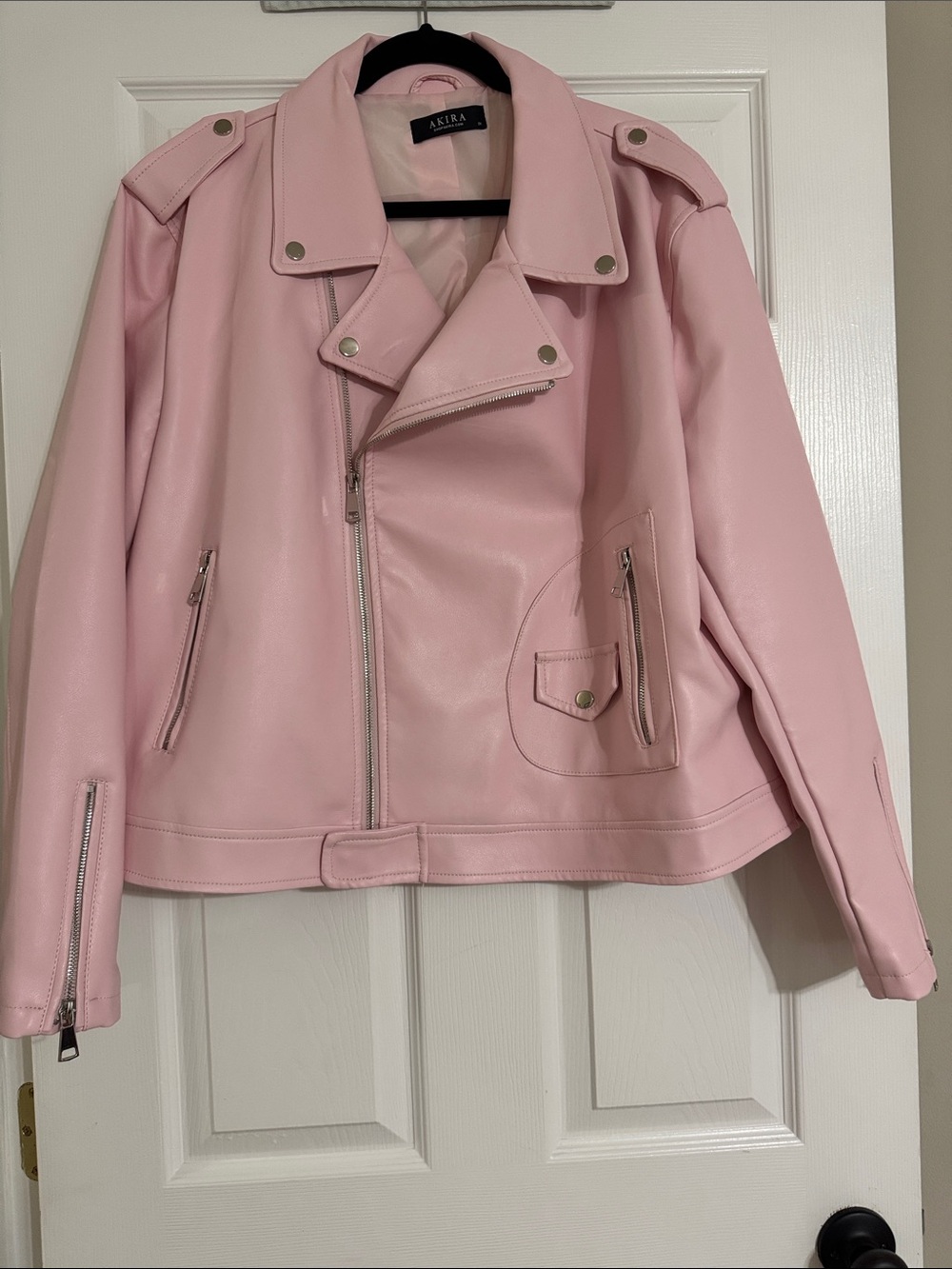 AKIRA Pastel Pink Faux Leather Moto Jacket